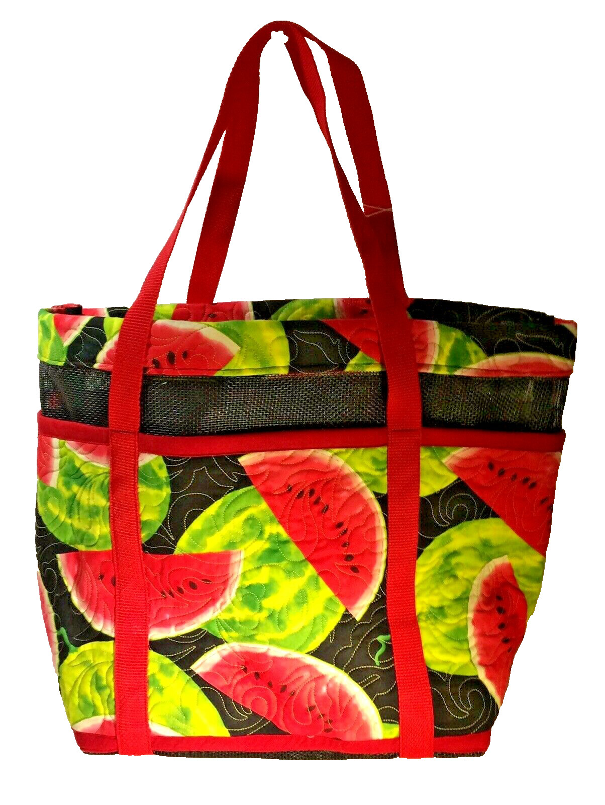 Quilted Fabric Tote with Vinyl Mesh 14" x 20" x 6" Handmade One of a Kind Picnic