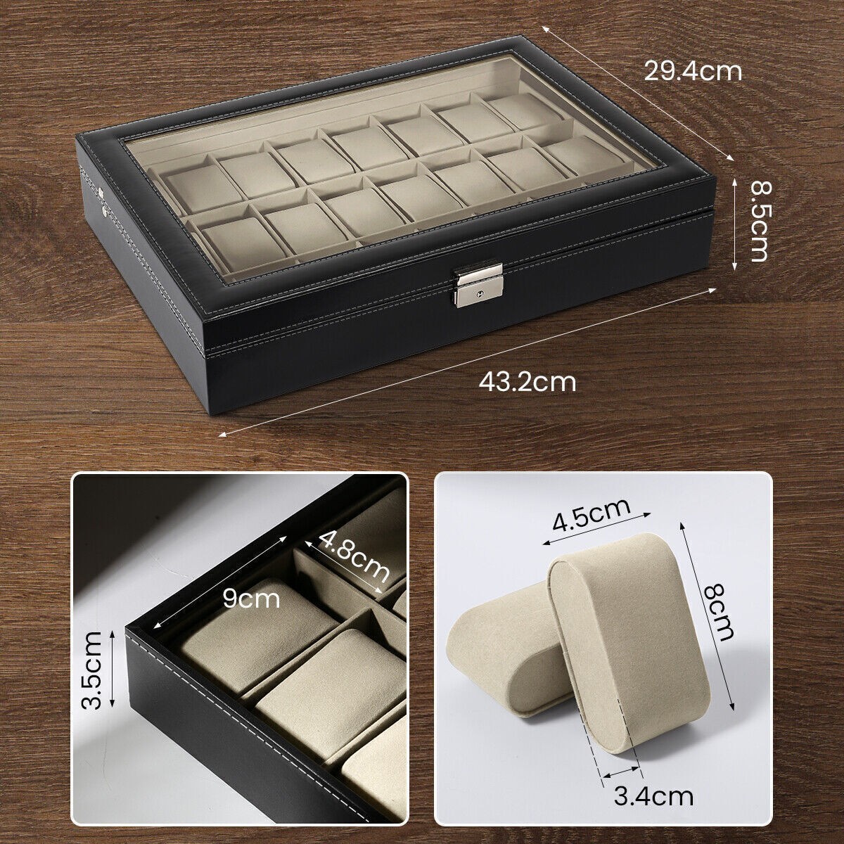 24 Slots Watch Box PU Leather Watch Case Organizer Watch Display Case Lockable A