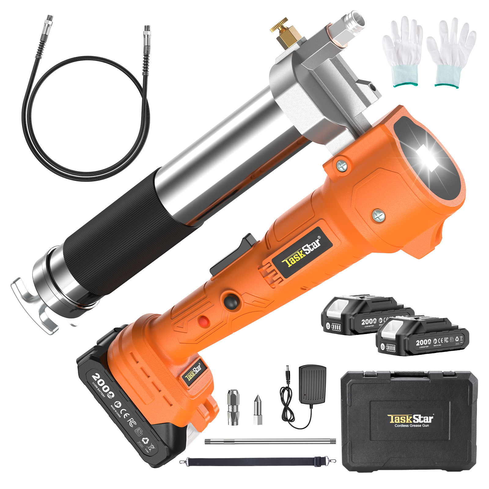 Battery-Powered Electric Grease Gun Kit 2xBattery & Charger 39.4" Hose 10000 PSI