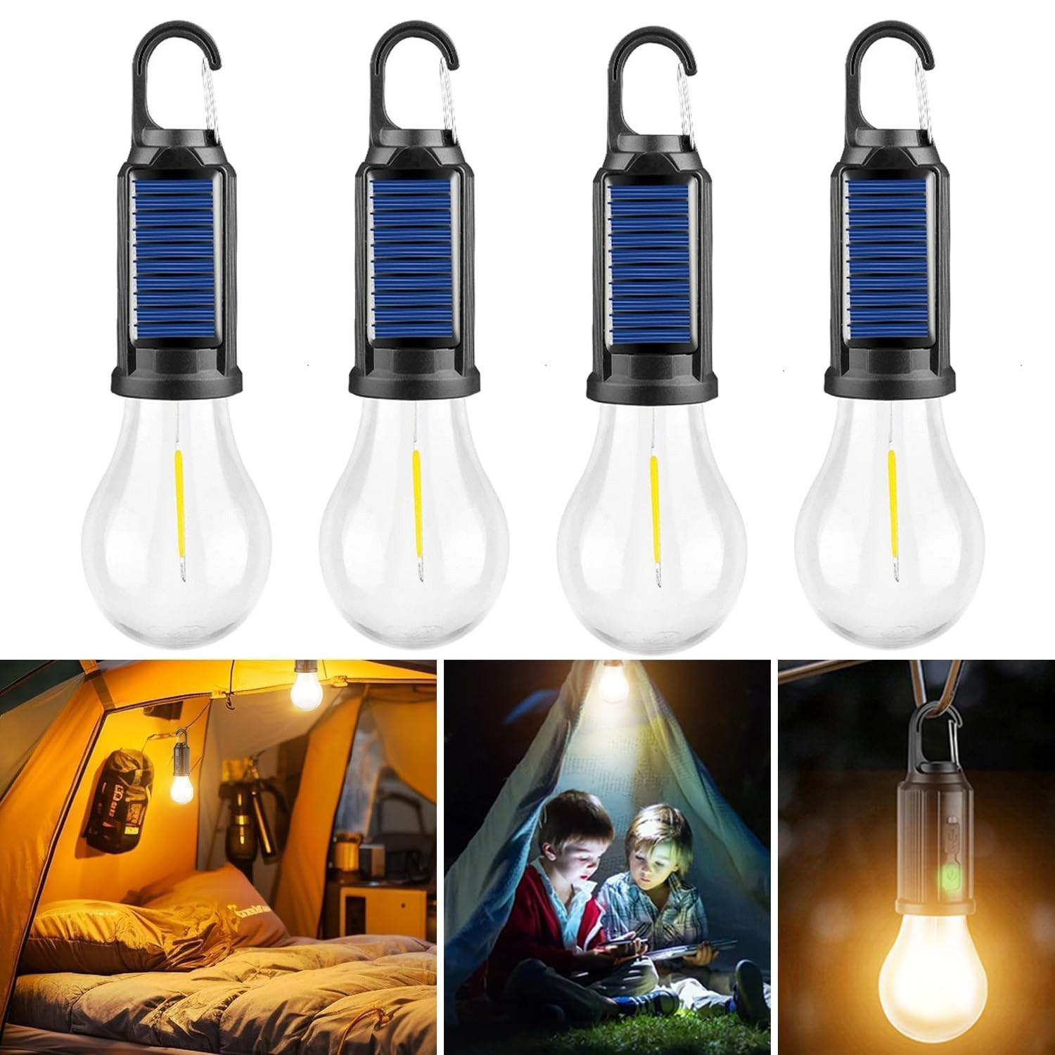 4Pcs Solar Hanging LED Light Bulb Outdoor Waterproof Tent Camping Lights Lamp US