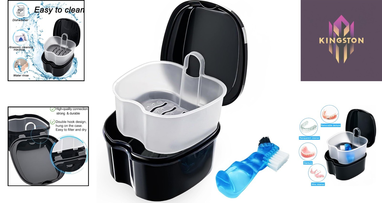 Durable Black Denture Soaking Container with Easy Clean Strainer – Compact 3.7in