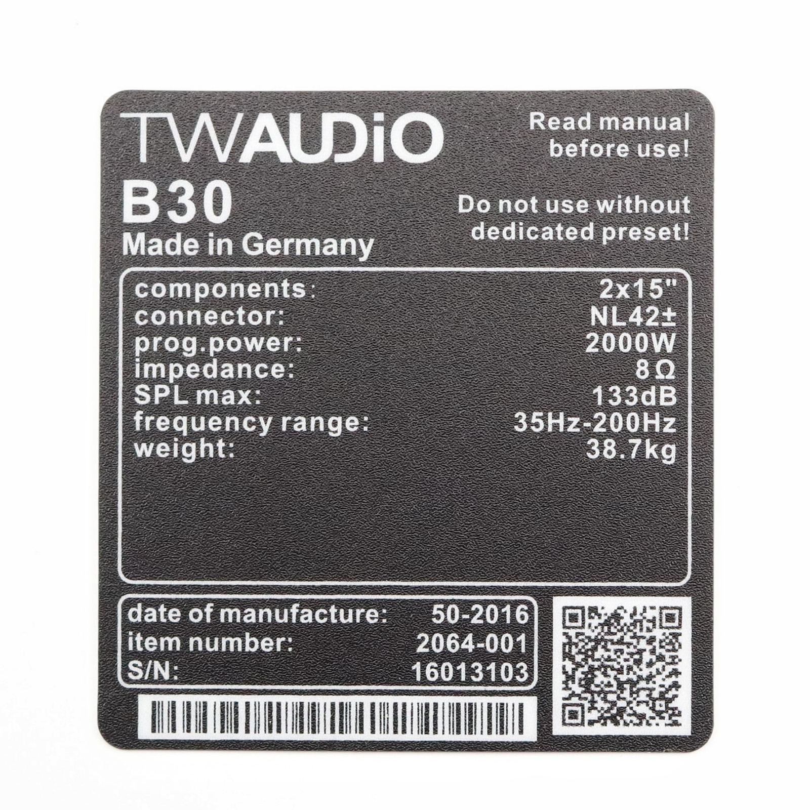 TWAUDIO B30 logo badge replacement piece PVC sticker 67mm(2.63")X72mm(2.83")