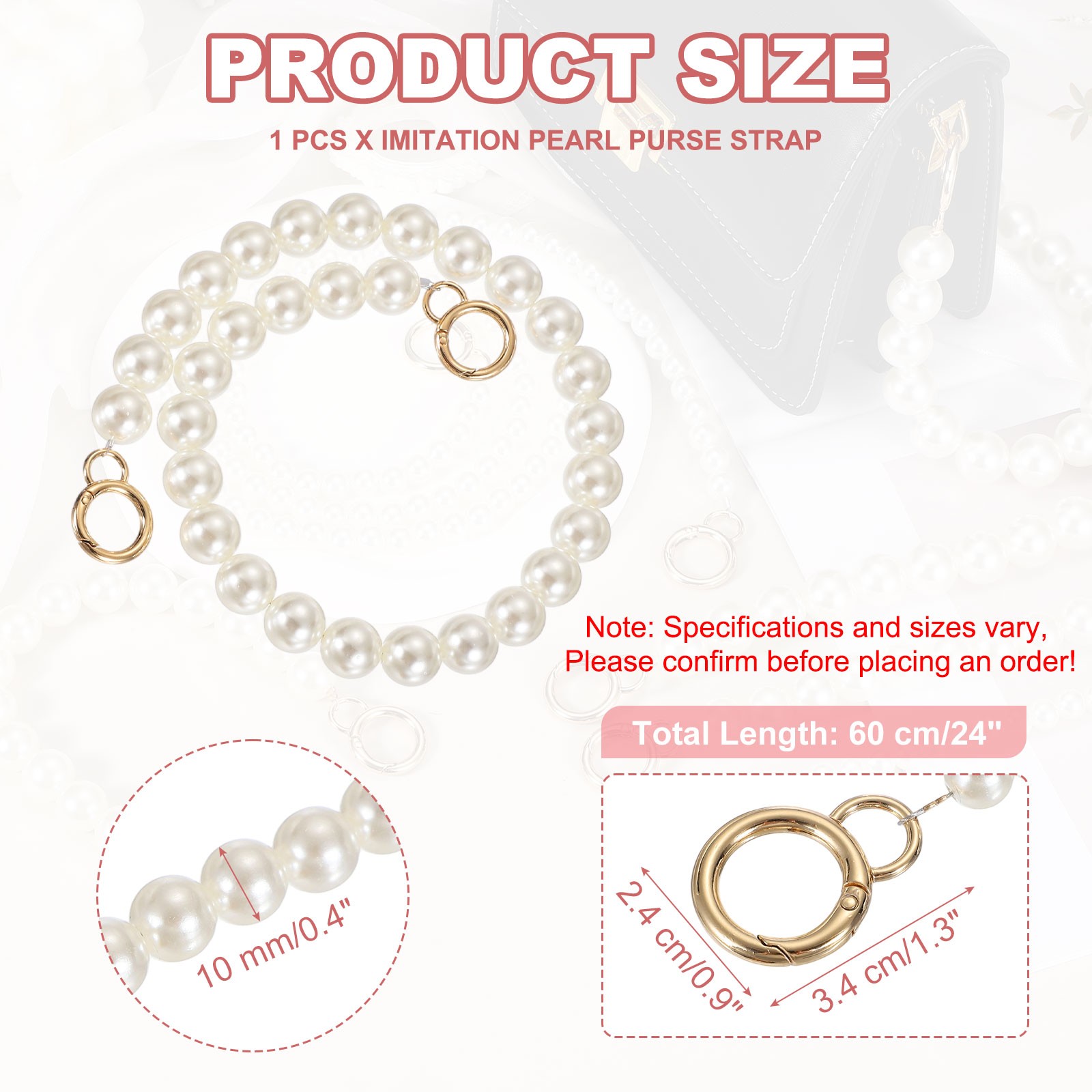 Imitation Pearl Purse Strap, 24" Handbag Chain with Spring Clasp, 18mm