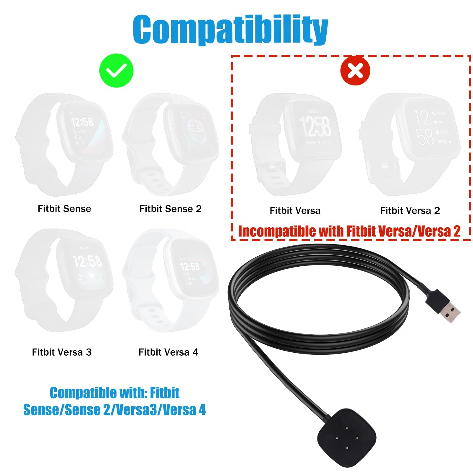 BTFO Fast Wall Charger Kit for Versa 4 & 3, USB Charging Cable 106cm, black