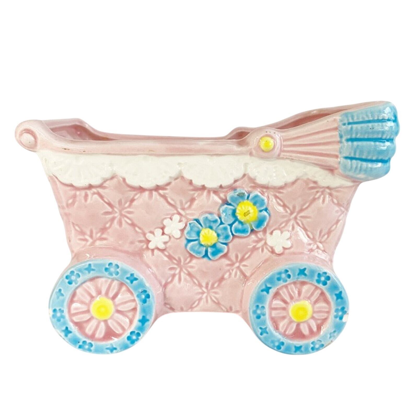 vintage LEFTON pink blue white Carriage planter small art pottery nursery decor