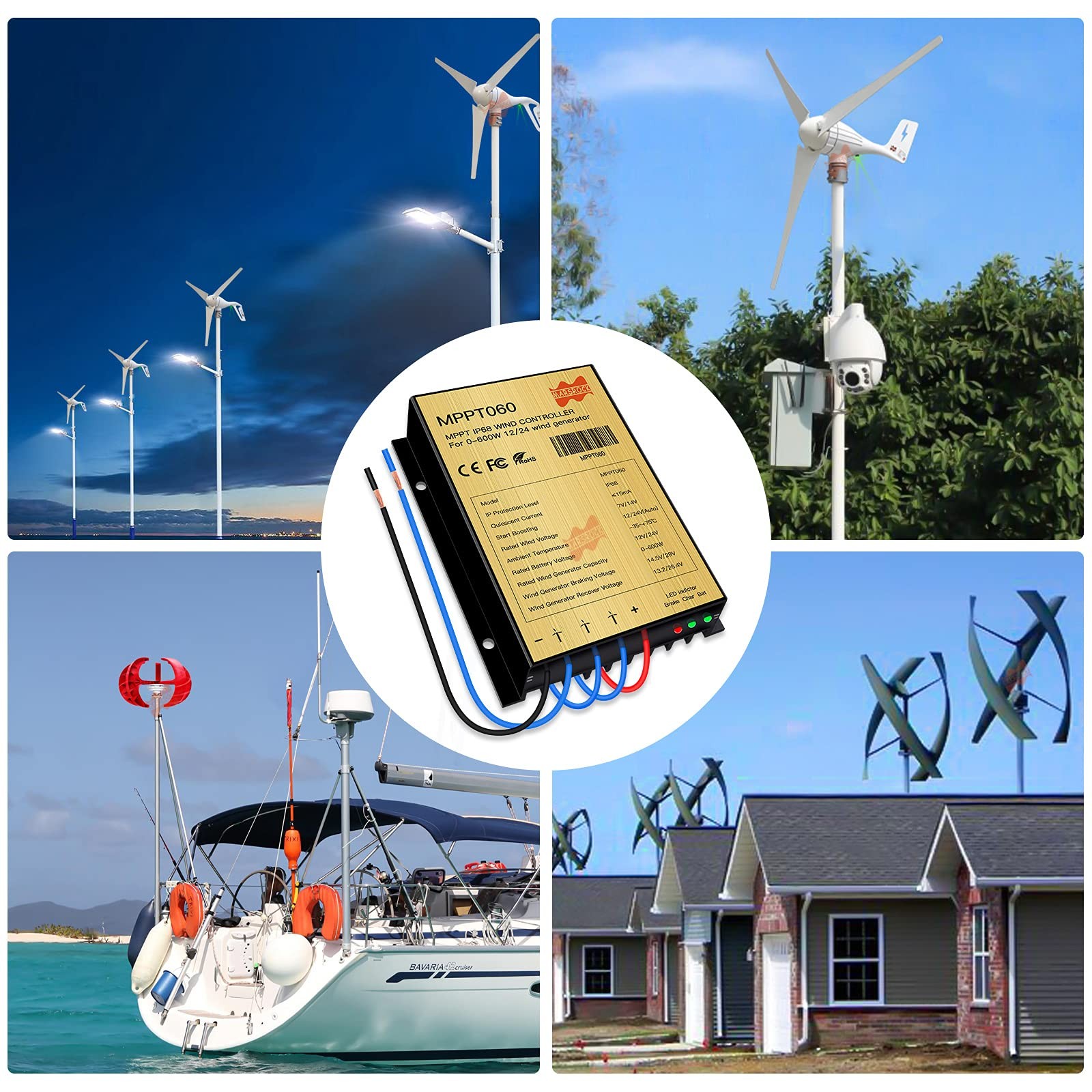 Marsrock 0600W Mini Wind Charge Discharge Mppt Controller Ip67 Waterproof