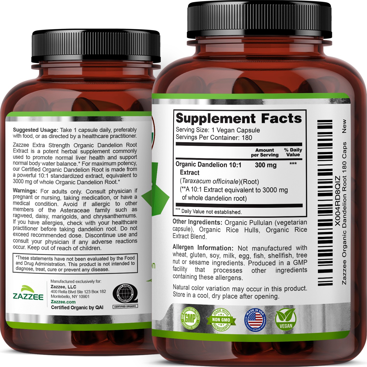 Zazzee USDA Organic Dandelion Root 10:1 Extract, 3000 mg Strength, 180 Capsules