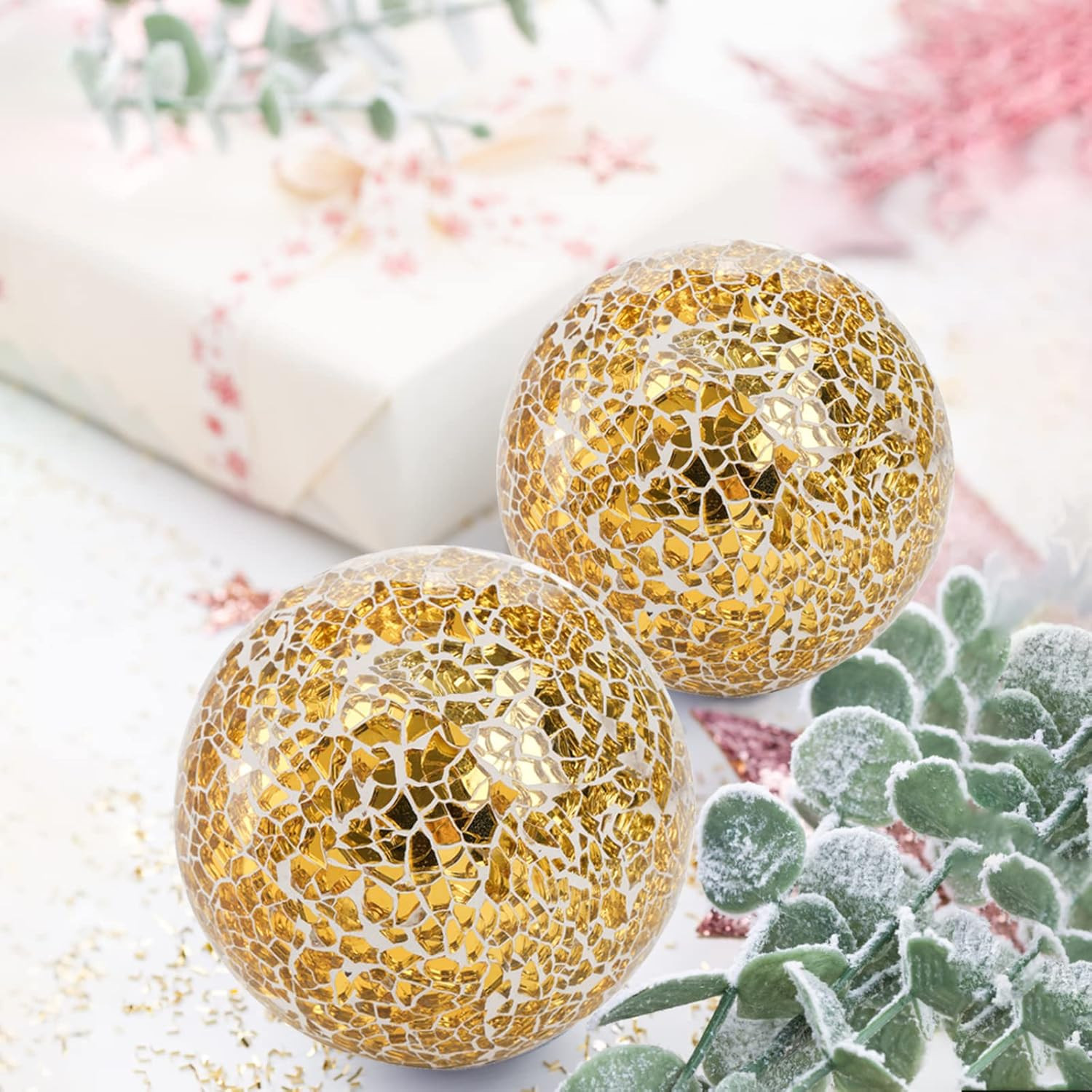 3 Pack 4 Inch Gold Mosaic Glass Orbs, Decorative Balls Mosaic Spheres for Vase F