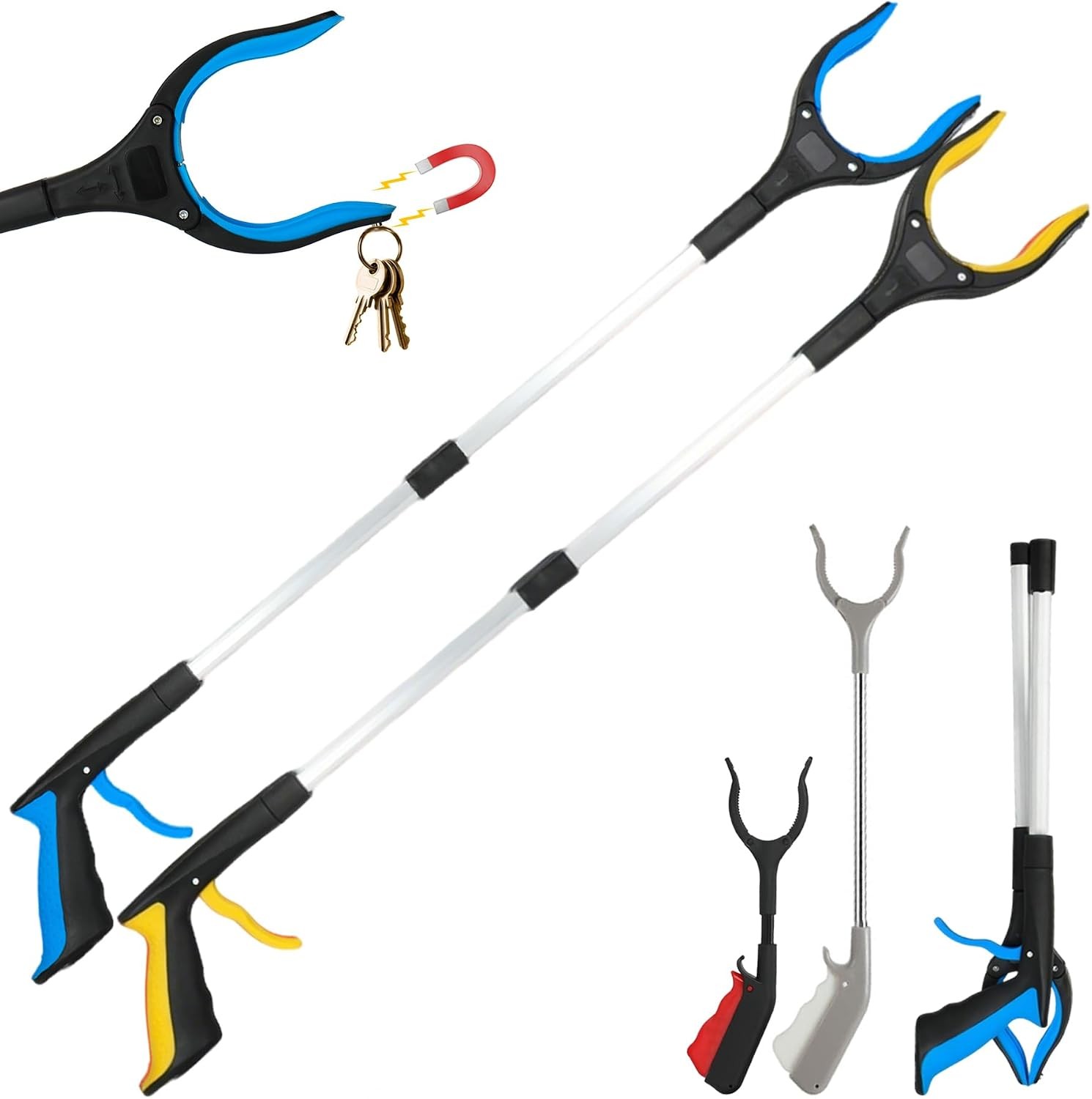 4 Pack Reacher Grabber Set: 32" Foldable Pick Up Tool with Magnet (Blue/Yellow),