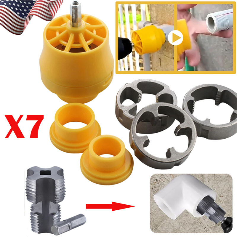 Electric Drill Compatible PVC Pipe Threader Kit with Various Die Sizes -Set 7PCS