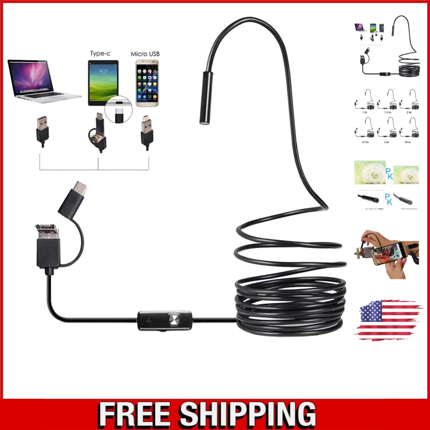 Yuhoo 3-in-1 USB Endoscope: 2m Waterproof Inspection Camera with 6 LED Lights