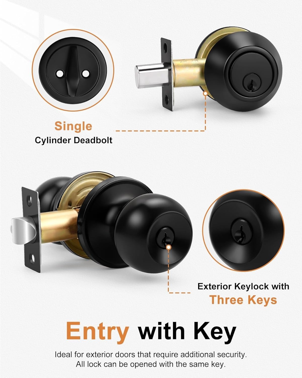 Contemporary Black Keyed Alike Door Knobs and Single Cylinder Deadbolt – 2 Pack