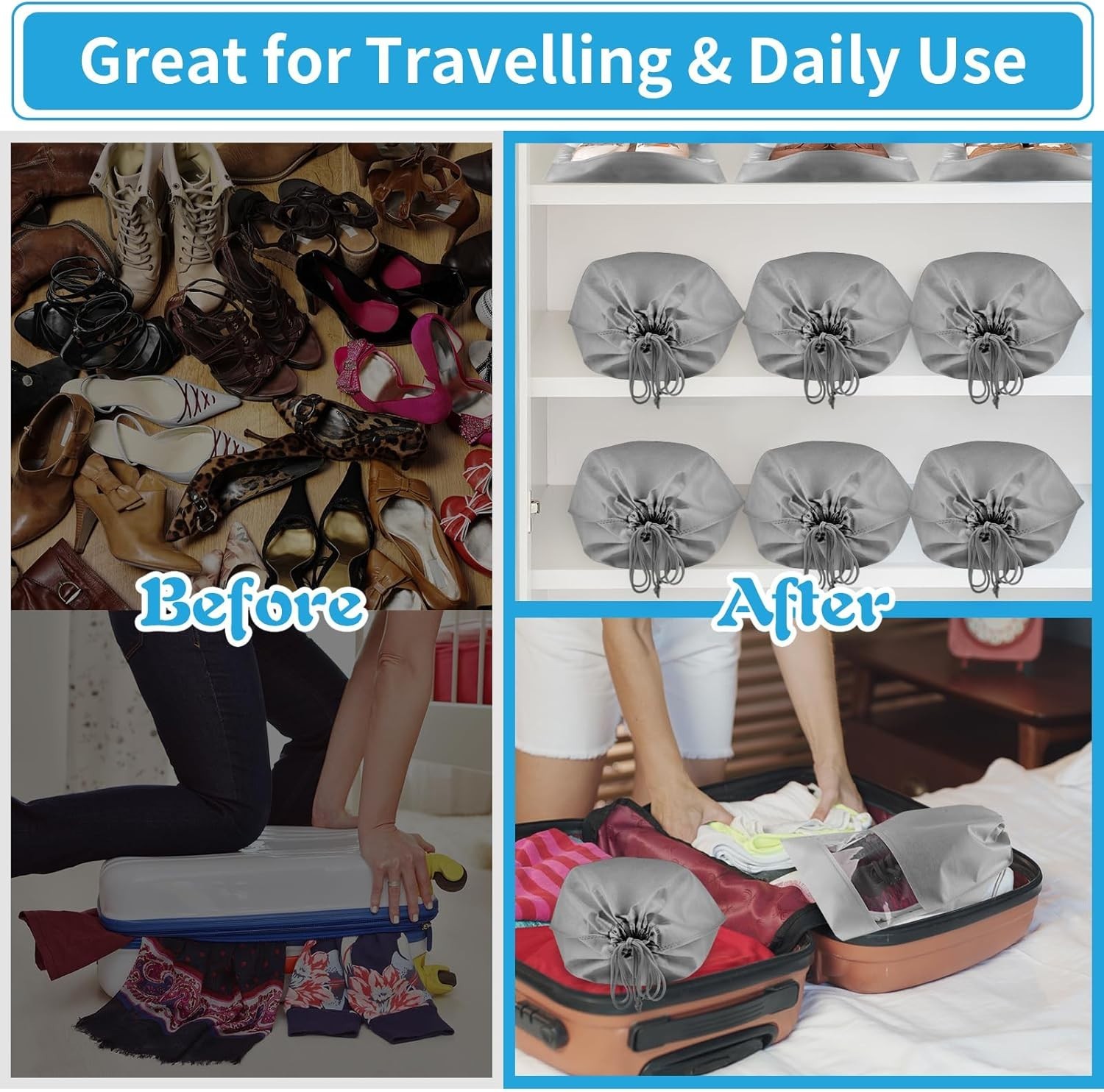 5-Pack Large Travel Shoe Bags – Gray Drawstring Storage with Clear Window