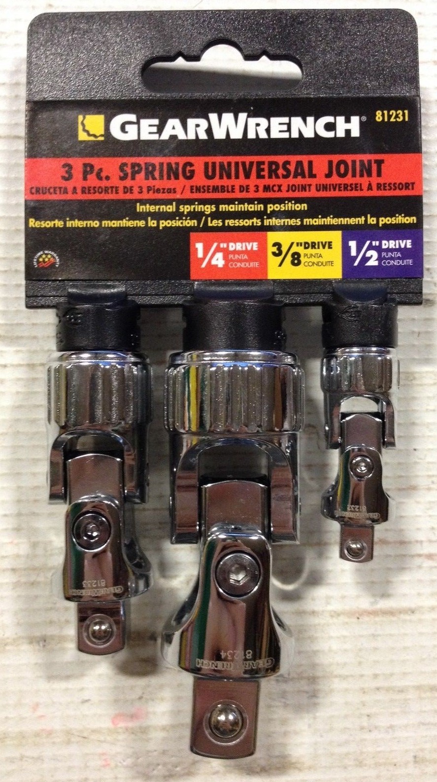 GearWrench, Part #81231, 3 pc. Spring Universal Joint Chrome, 1/4", 3/8" & 1/2"