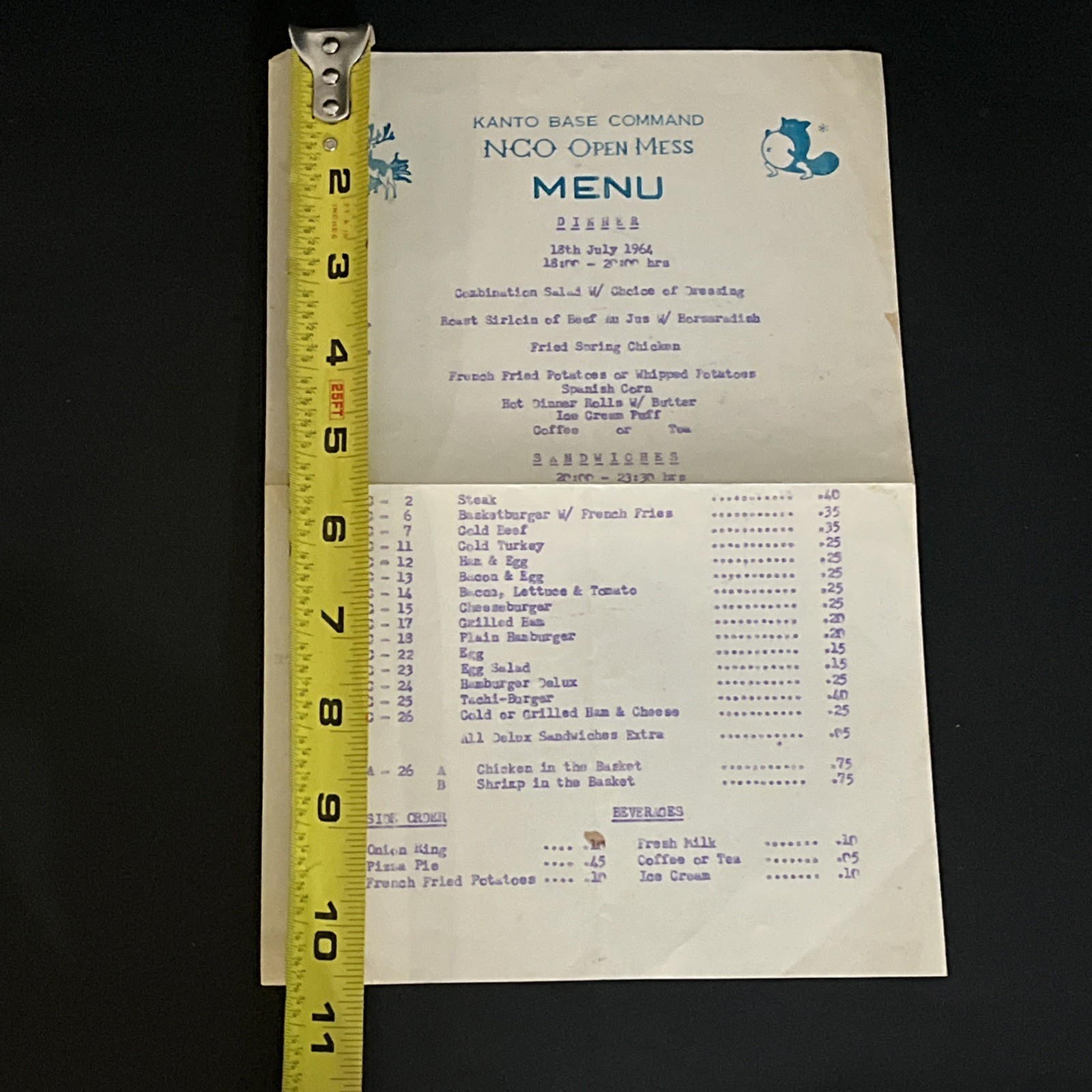 Kanto Base Japan Command NCO Open Mess Menu 1964