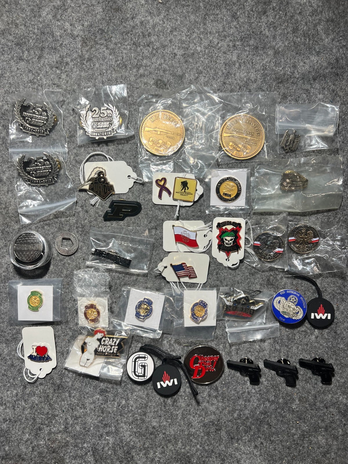 Lot of Lapel Pins, Coins, NRA, Military, College, 34 Pieces