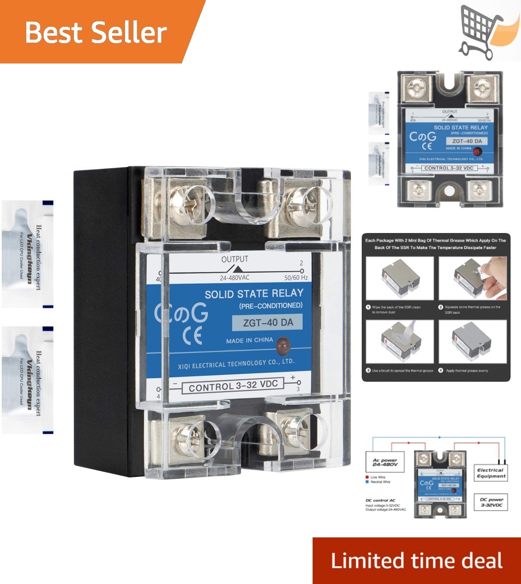 Solid State Relay SSR-40DA DC to AC 40A Din Rail Mount Switch No Spark