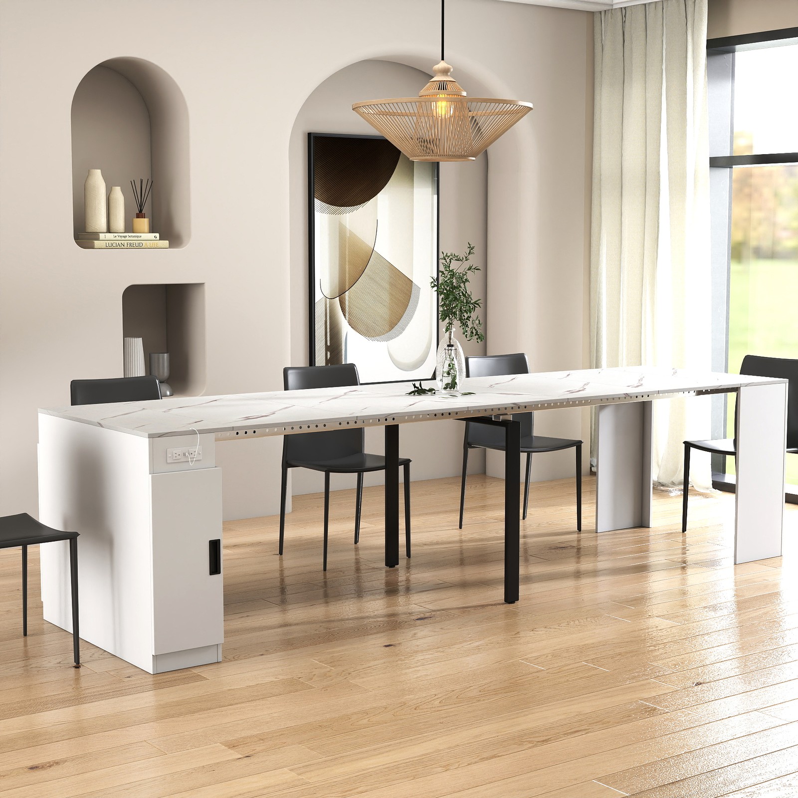 Modern Multifunctional Extendable Dining Table with Outlet, Space Saving Table