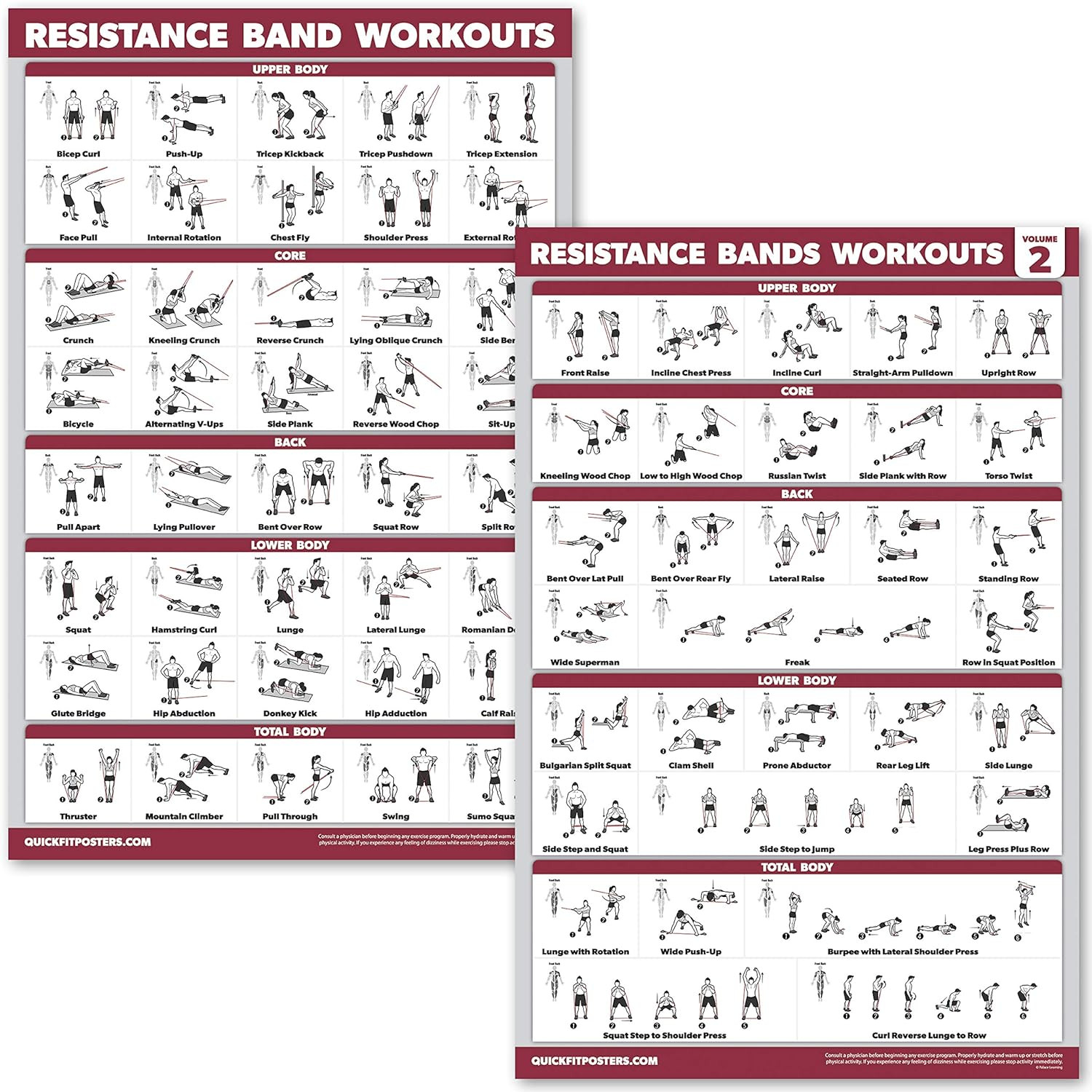 QUICKFIT 2 Pack Resistance Bands Exercise Poster Set - Resistance Tubes Workout