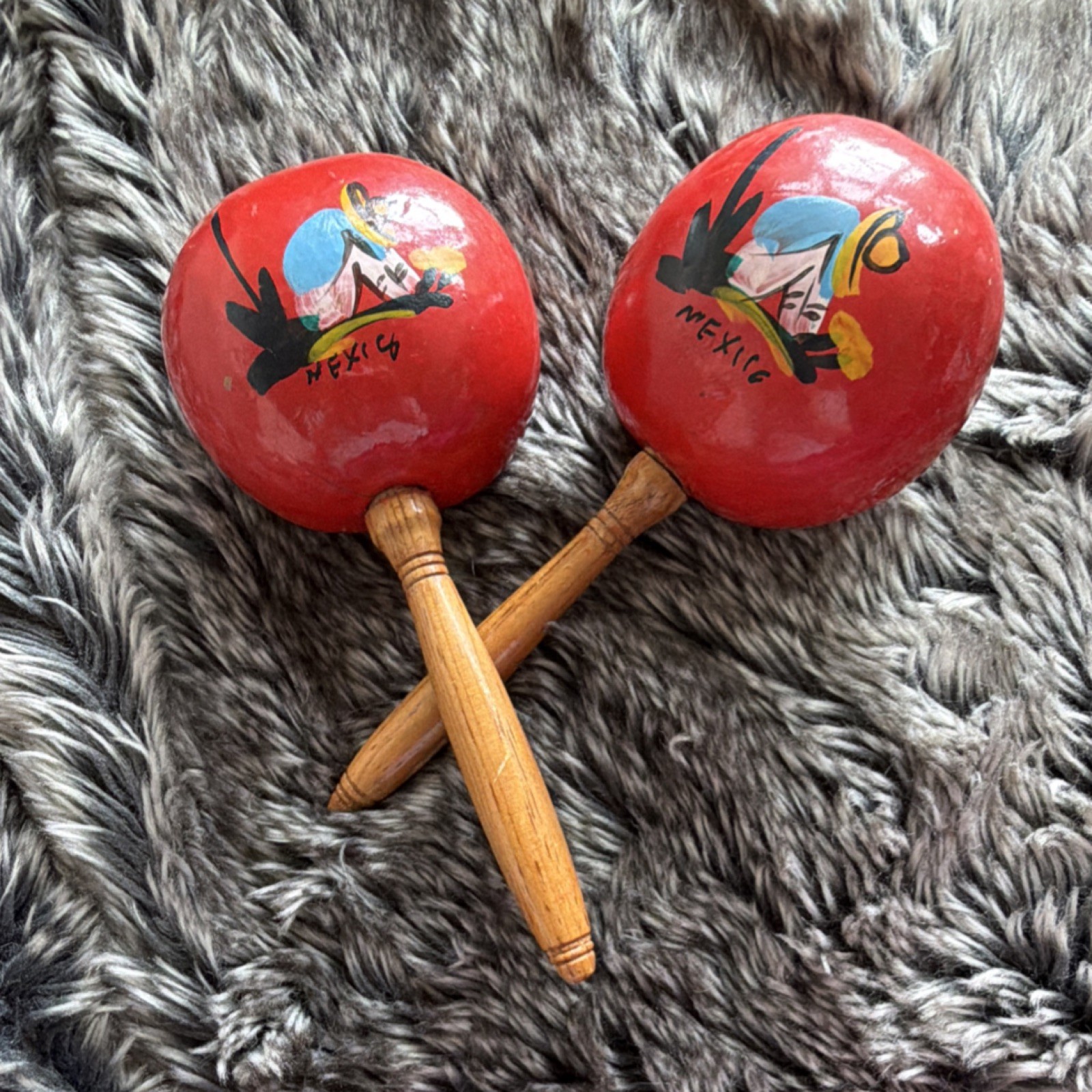 Vintage  Pair of Mexican Wooden Maracas Hand Painted Percussion Shakers