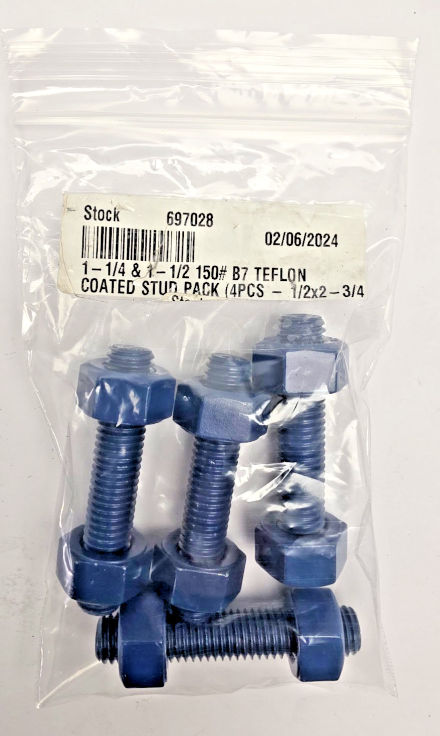 697028,  Teflon Coated Stud 1-1/4 &1-1/2   150# B7, New-Open Box, Free Shipping