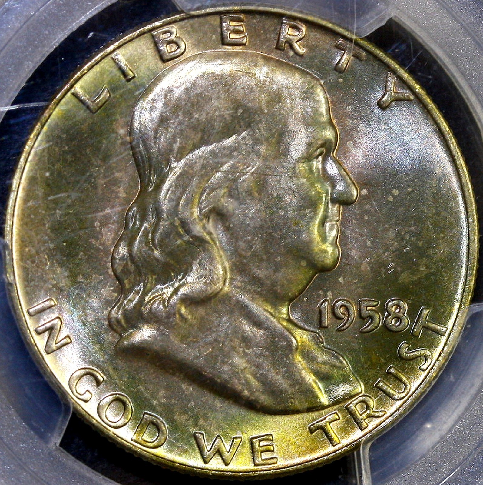 1958-D 50C Silver Franklin Half Dollar PCGS MS65 ☆☆☆Rainbow Toning☆☆☆