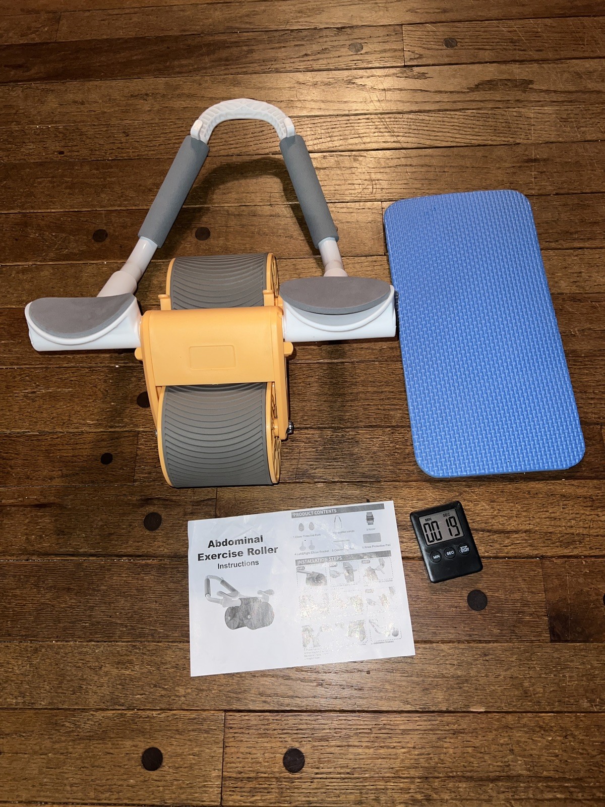 Ab Roller w Timer Double Wheel White Arm Support Foam Handles Ab Exercise Roller