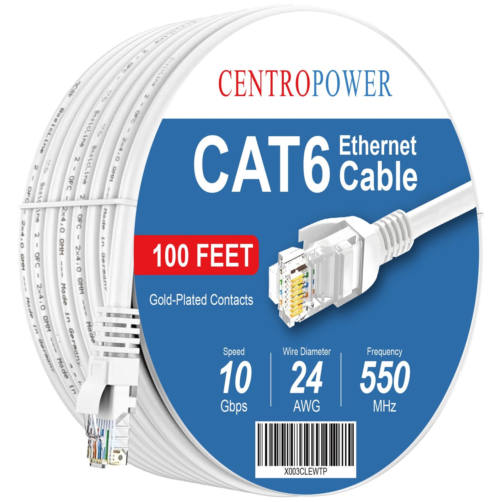 Cat 6 Ethernet Cable 100 ft, Solid High-Speed Internet LAN Network Copper Cor...