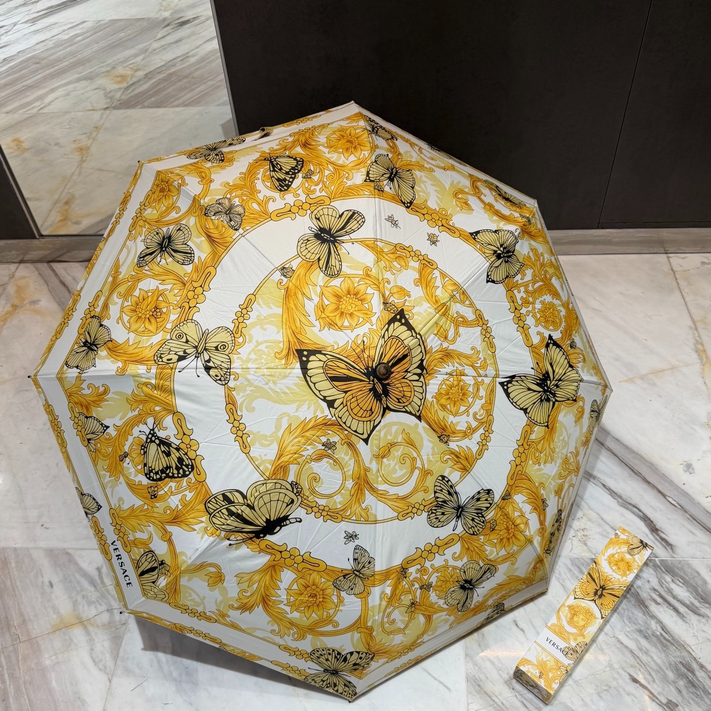 Versace white butterfly pattern Umbrella Automatic 3-Fold Sun Rain Parasol