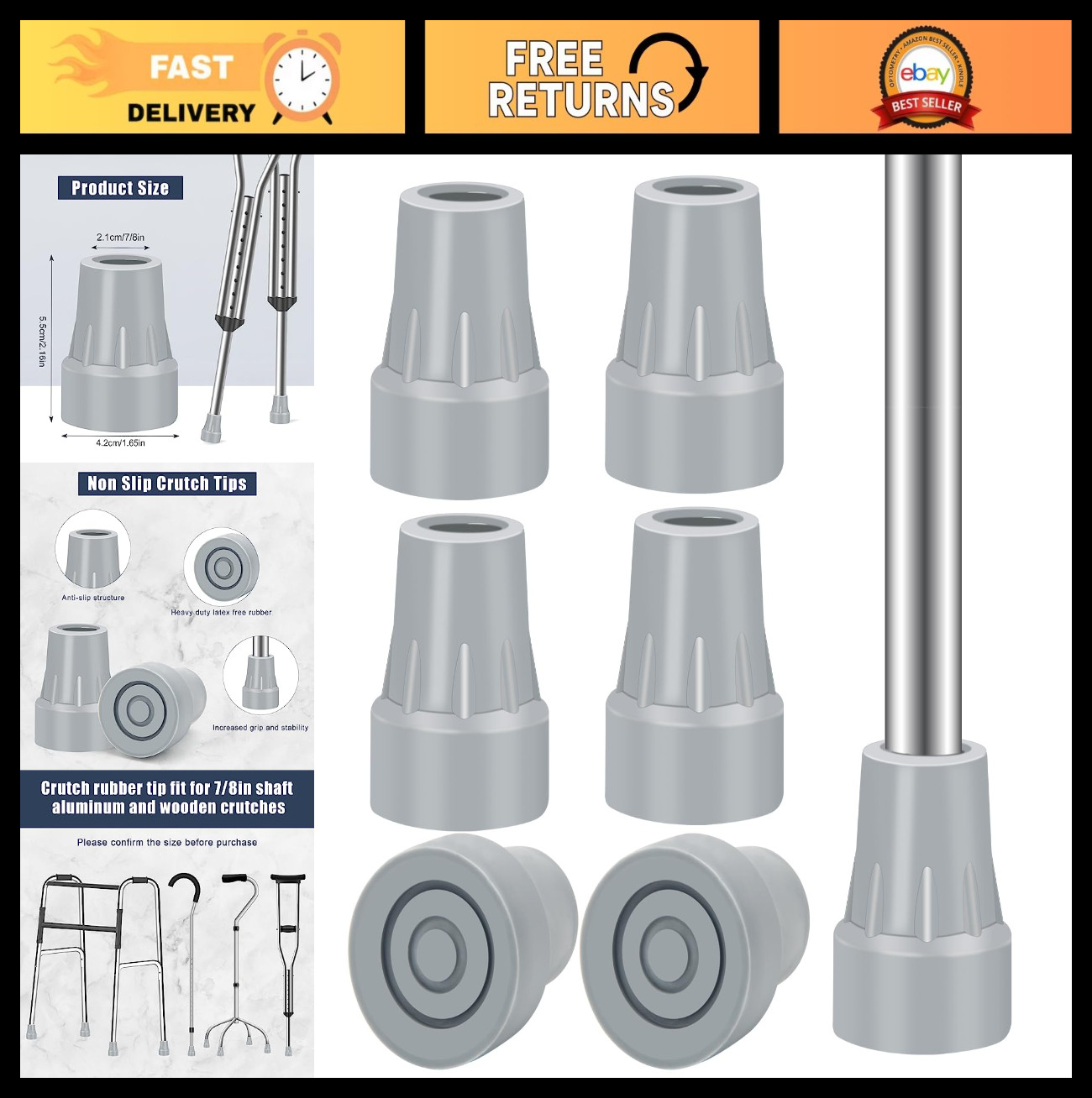 6 Pack Heavy Duty Non-Slip Rubber Crutch Tips, 7/8" Replacement Feet Caps