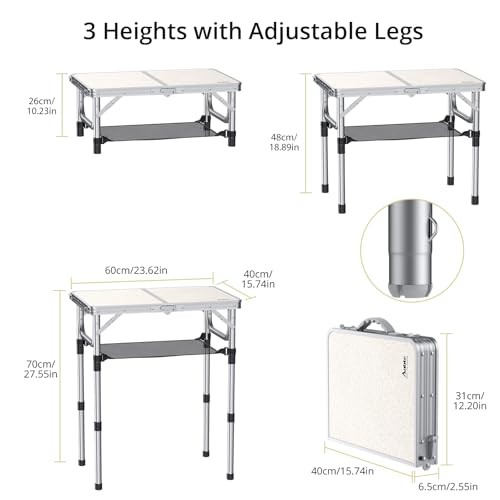 Folding Camping Table, Aluminum 24" x 16" Adjustable Height Small Silver