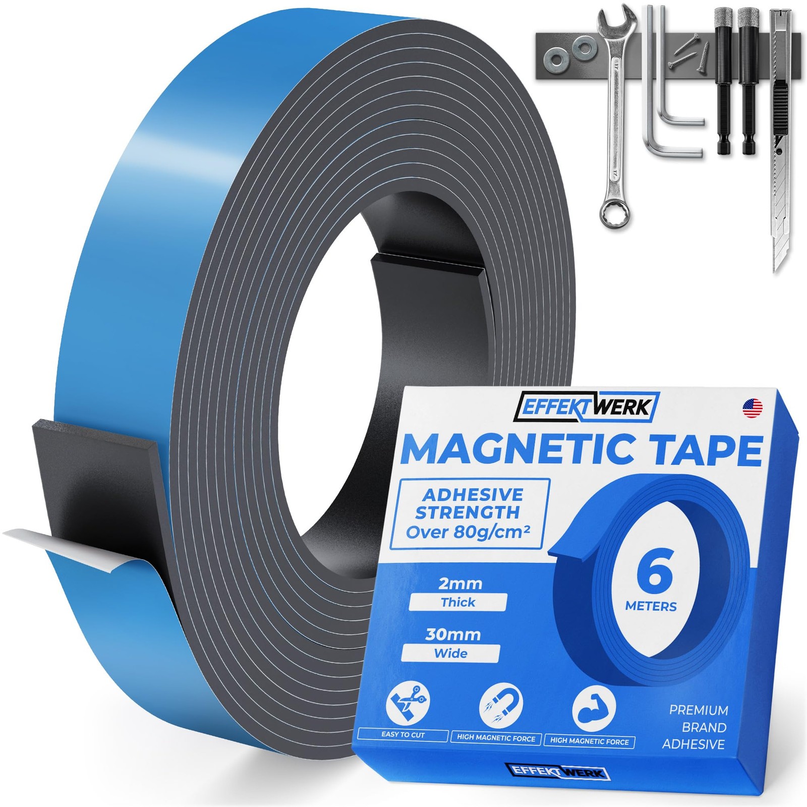 E•Werk - Magnetic Tape Roll - 20' / 6 Meter - Extra Thick & Wide Magnet Strips w