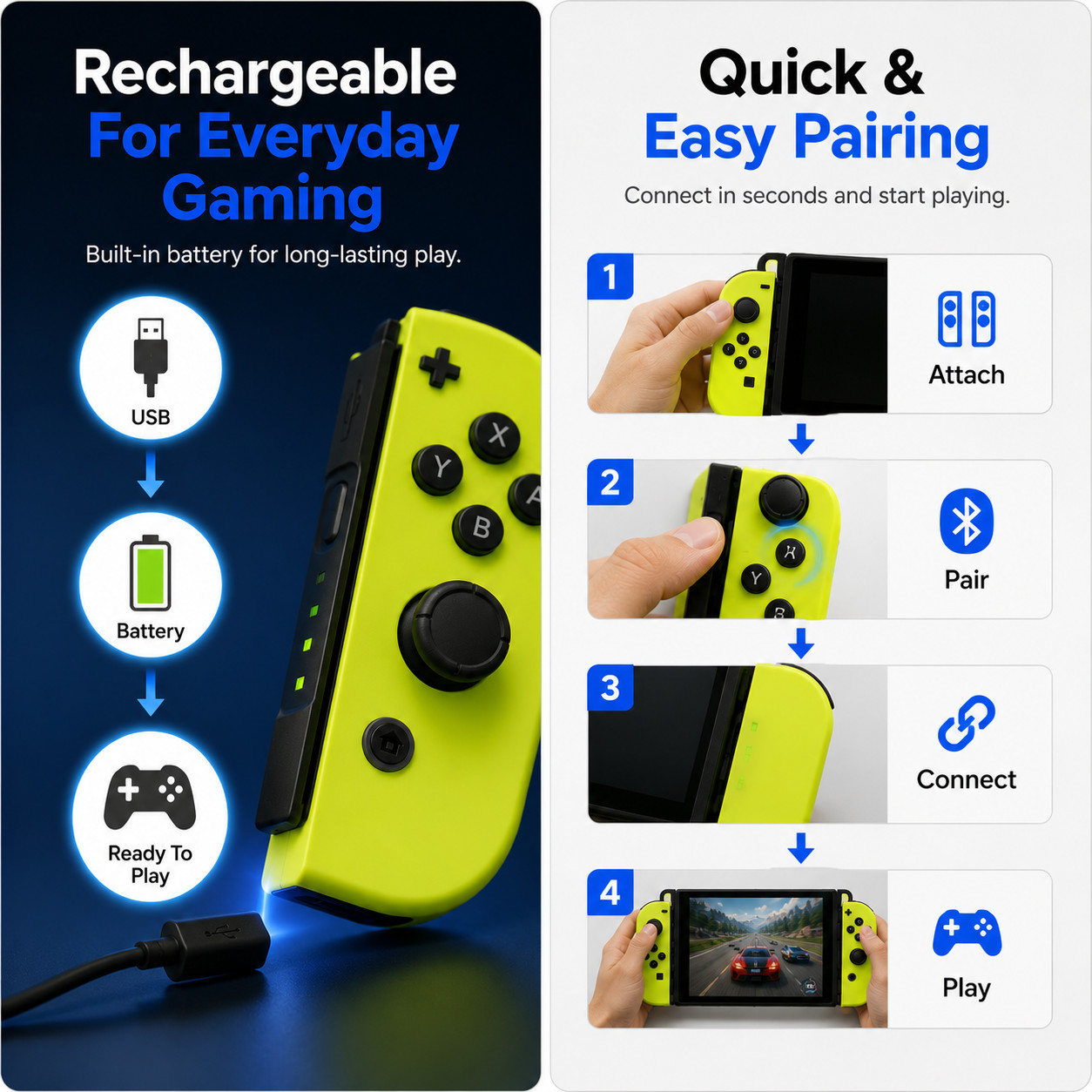 Wireless Joy Con Controllers Compatible with Nintendo Switch Blue & Neon Yellow