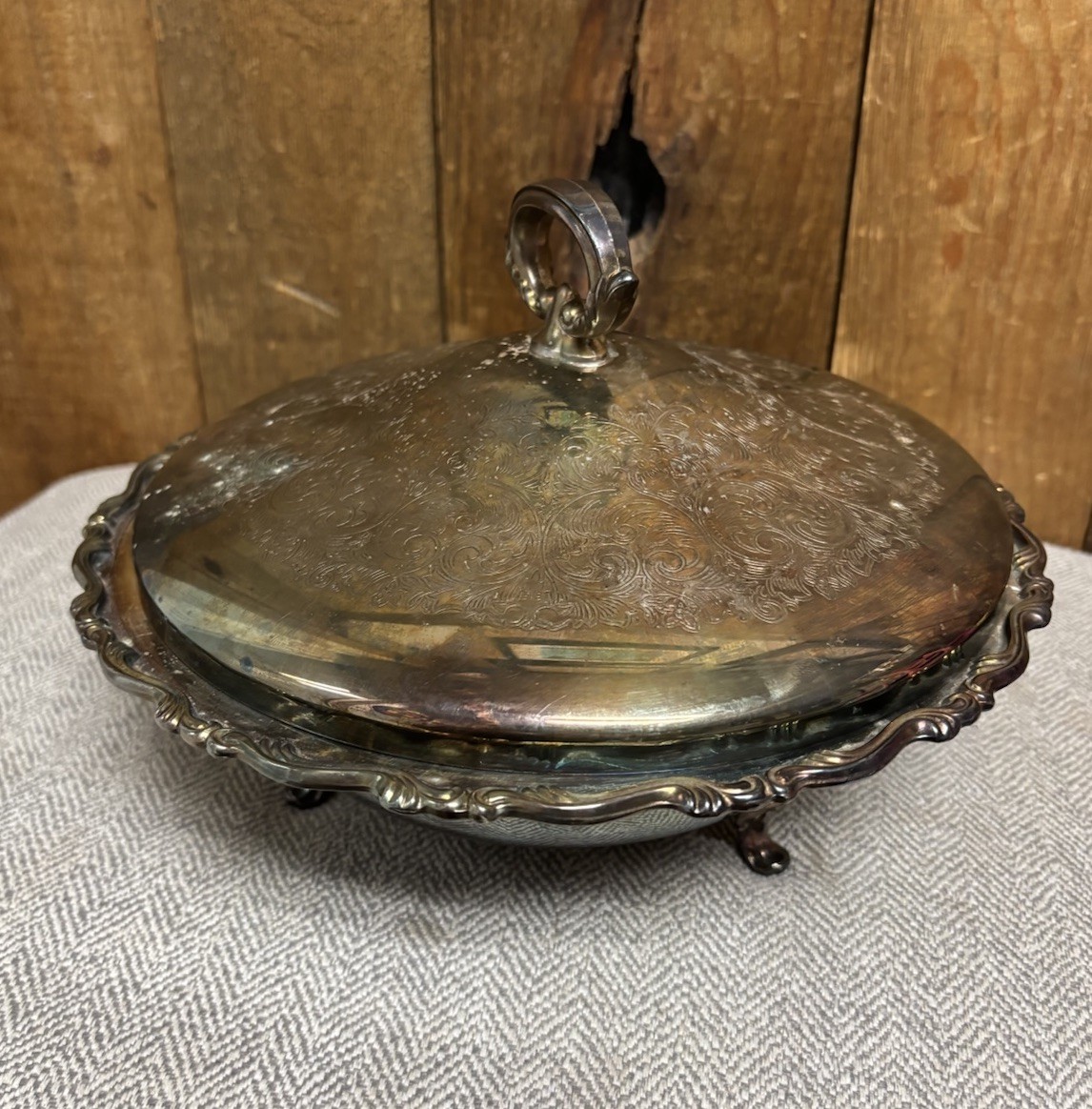 Vintage WM A Rogers Oneida Silver Plate Three Footed Engraved Covered Tureen