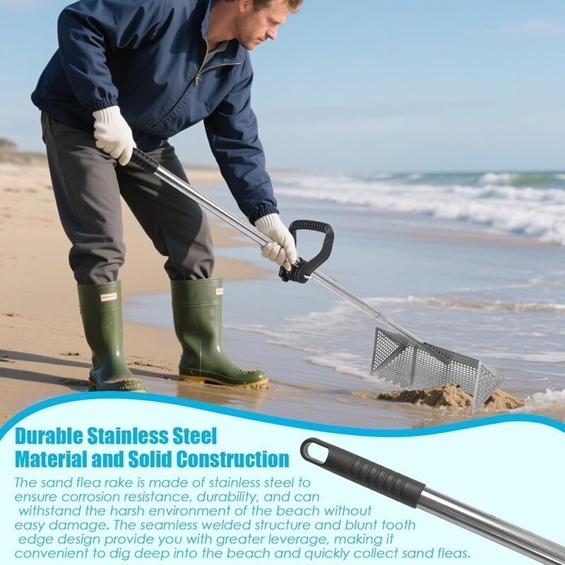 Detachable Sand Flea Rake with Shark Tooth Sifter & Auxiliary Handle Beach Use