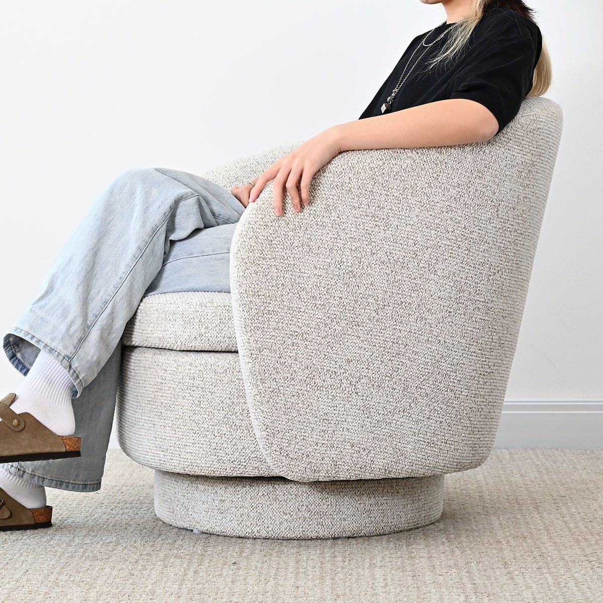 2PCS 360 Swivel Barrel Accent Chair Textured Woven Fabric Upholstered Armchair