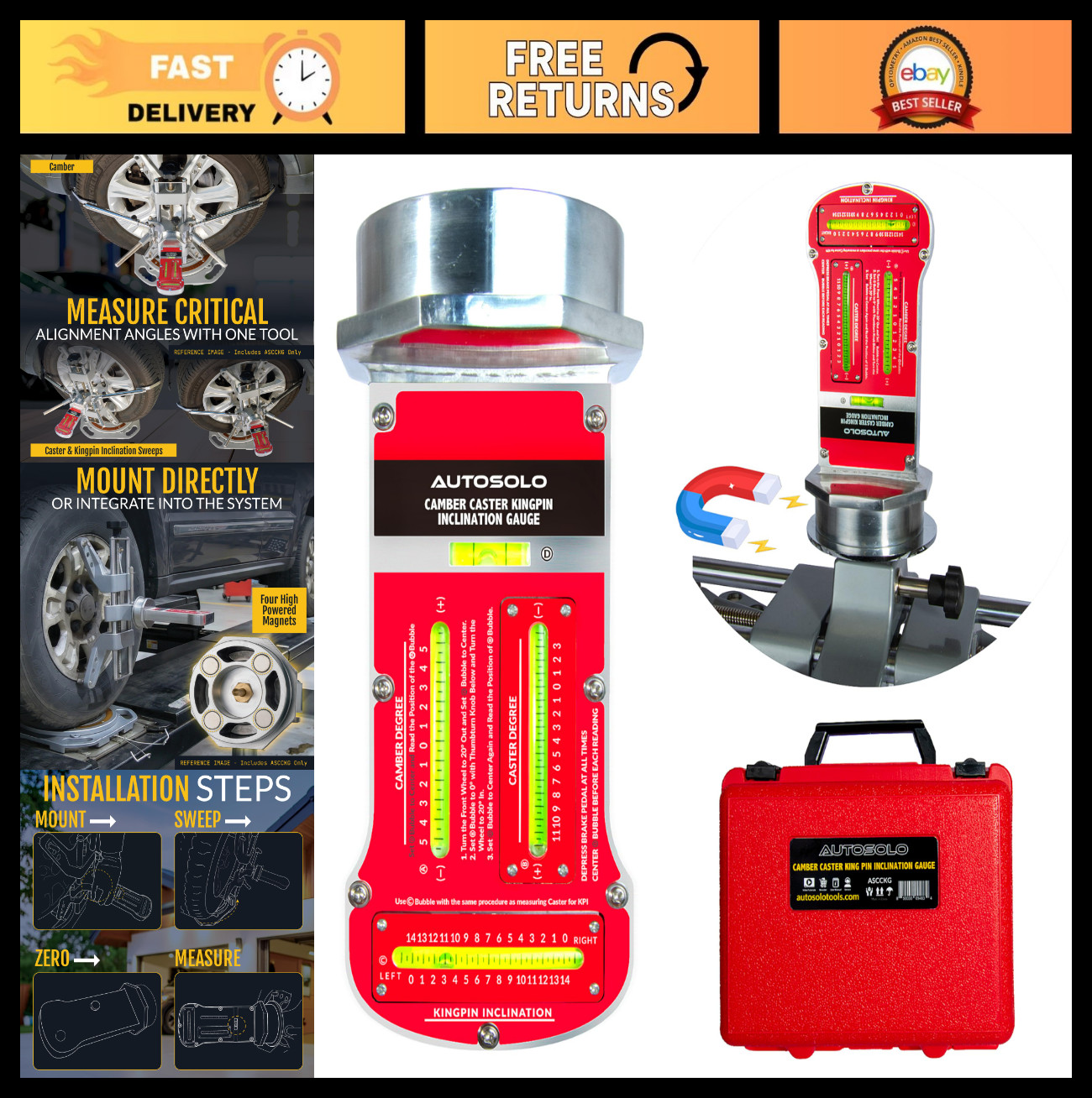 3-in-1 Magnetic Camber Caster Kingpin Gauge - DIY Car Wheel Alignment Tool Kit