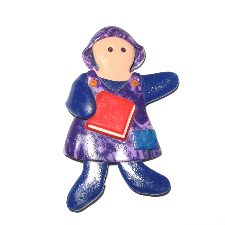 School Girl in Jumper with Book Brooch Handmade Polymer Clay Pin Blue Purple
