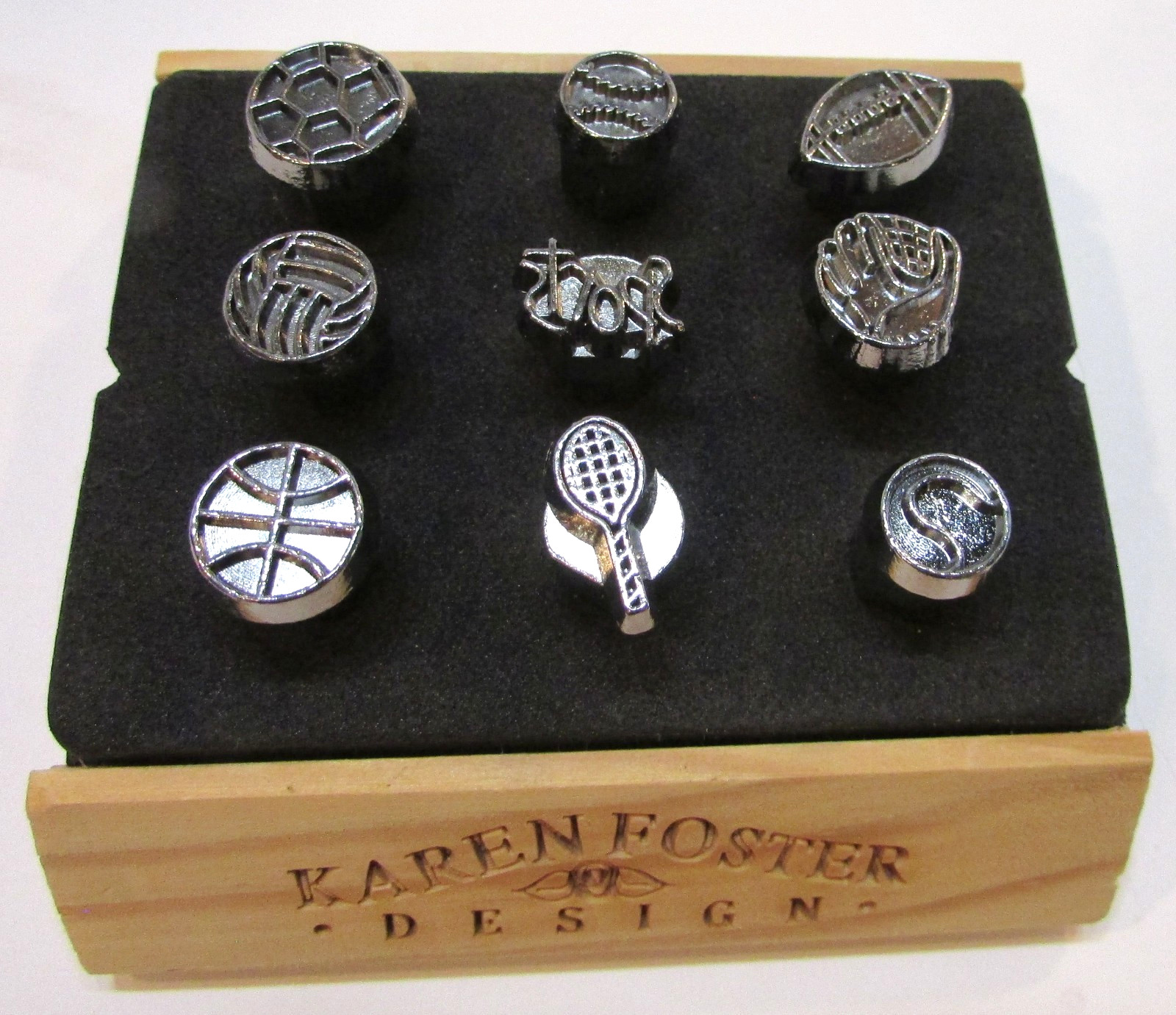 Full Set Nine Karen Foster Design Clikit Sports Metal Embossing Tips w Wood Case