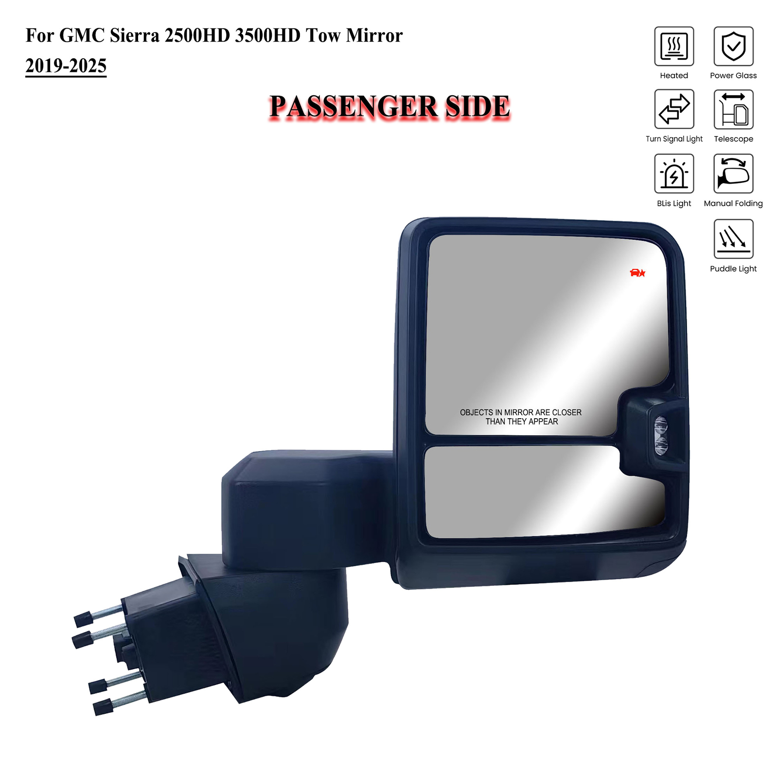 Passenger Right Side Black Tow Mirror For 2019-2025 GMC Sierra 2500HD 3500HD