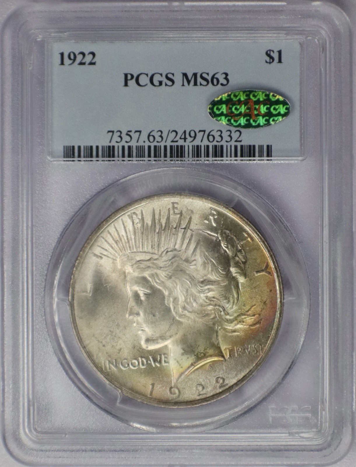 1922 $1 Peace Dollar PCGS MS63 CAC Nicely Toned