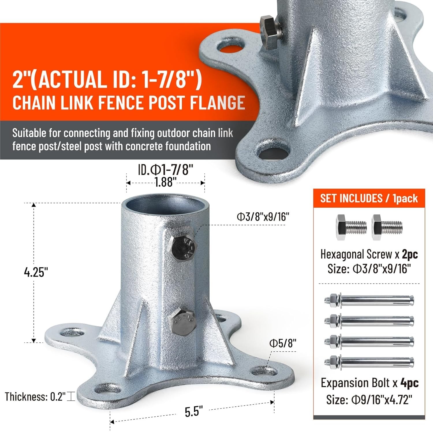 2" Chain Link Fence Post Floor Flange Base 2 Pack Metal Post Mount Bracket