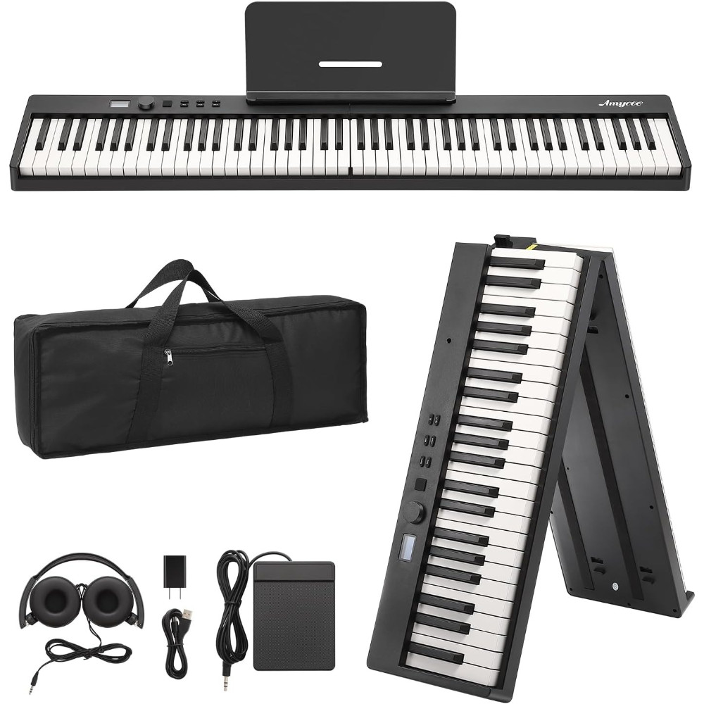 88-Key Foldable Electronic Piano with Adapter, Headphones & Bag Black Portable