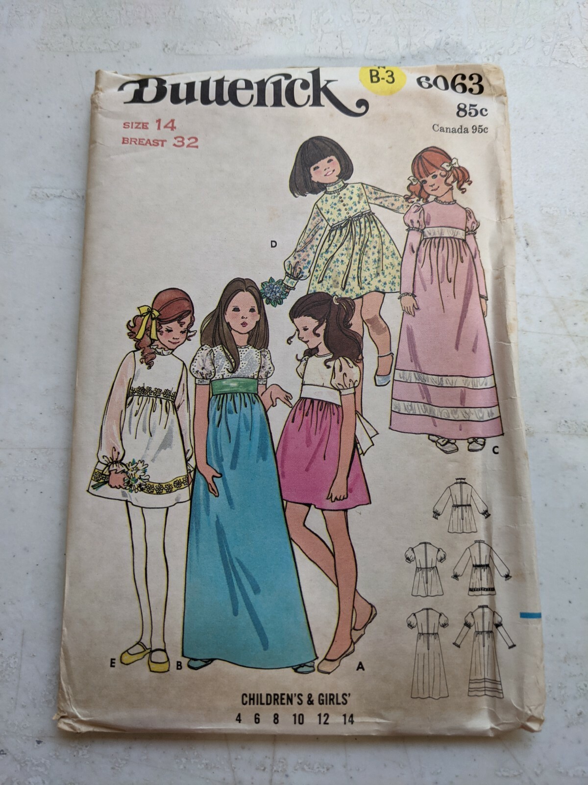 Butterick Vtg Pattern Girls Special Occasion Dress 2 Lengths Sleeve Style 14 CUT