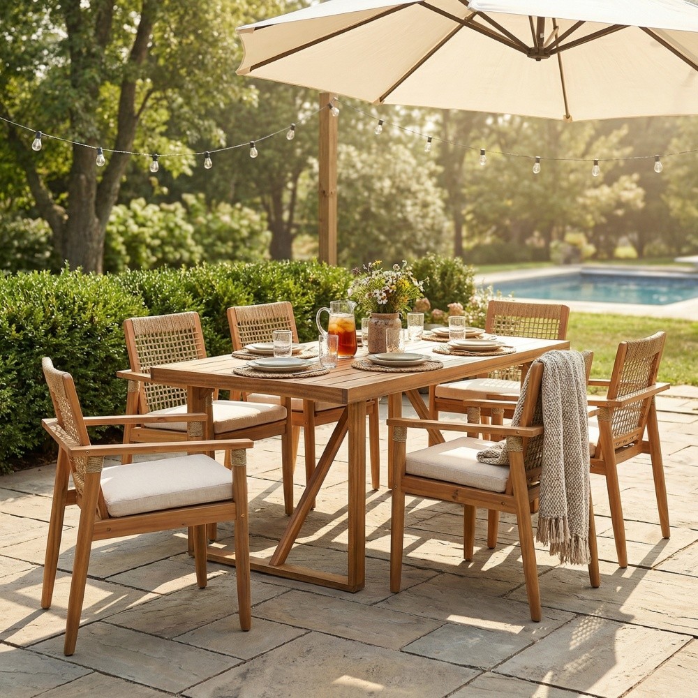 7-Piece Outdoor Patio Dining Set for 6, Acacia Wood Table w/ Cushions