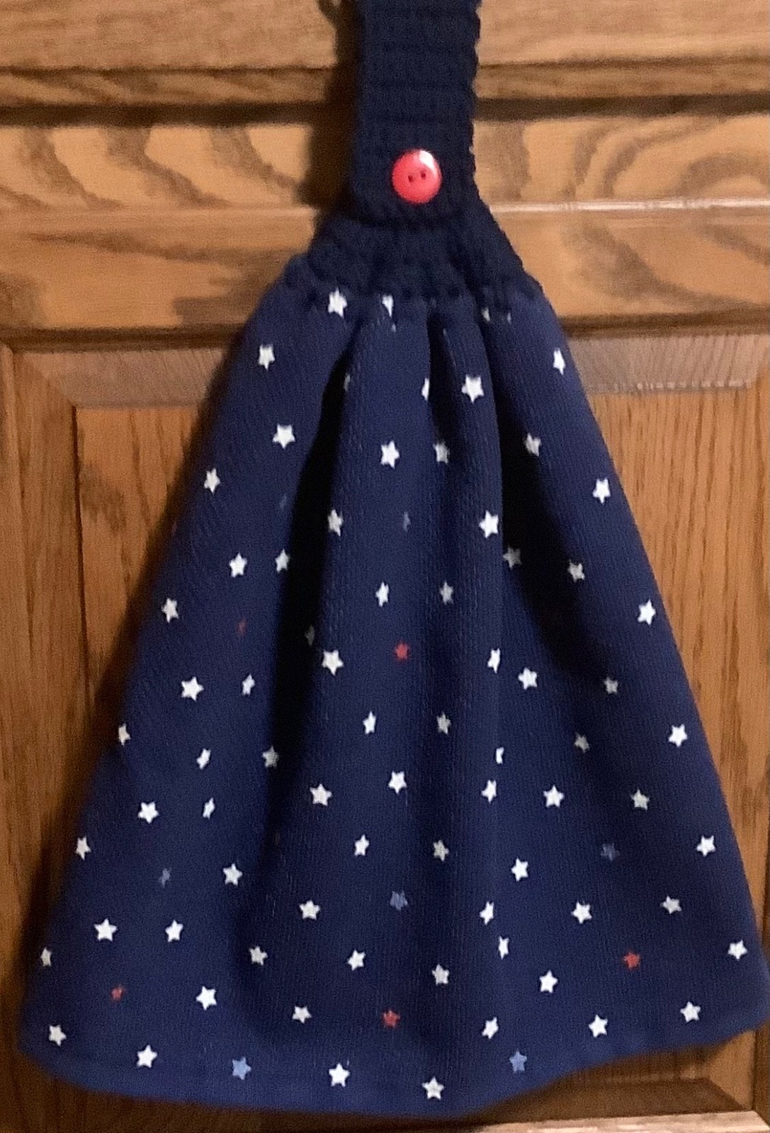 Double navy hanging kitchen towel USA patriotic stars crocheted navy top