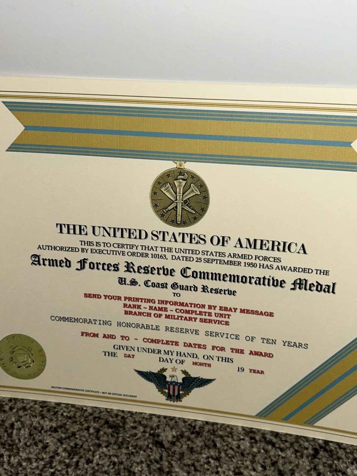 ARMED FORCES COAST GUARD RESERVE COMMEMORATIVE CERTIFICATE ~ W/PRINTING TYPE-1