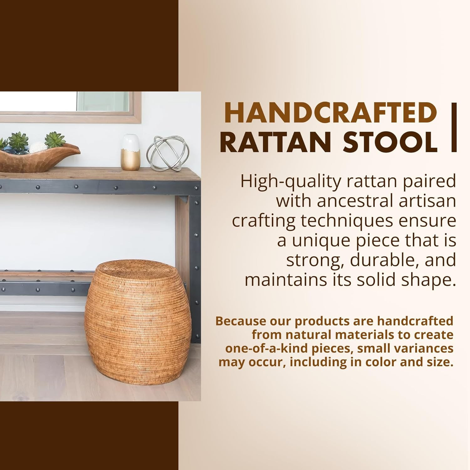 Handmade La Jolla Rattan Stool & Side Table - Boho Honey Brown 18"x18