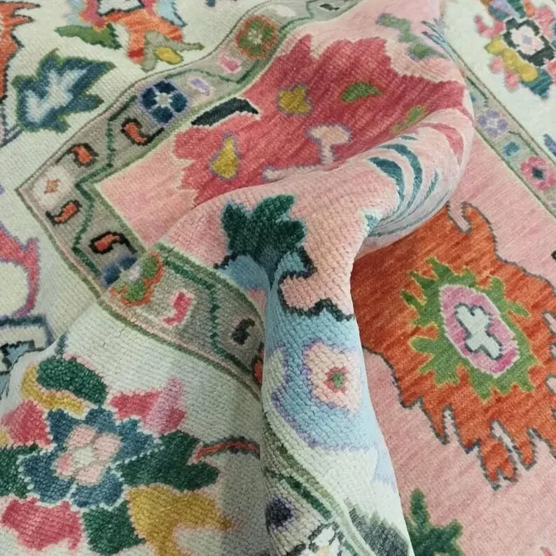 Rug Hand Wool Knotted Oushak Turkish Vintage Oriental Handmade Pink Runner Rugs