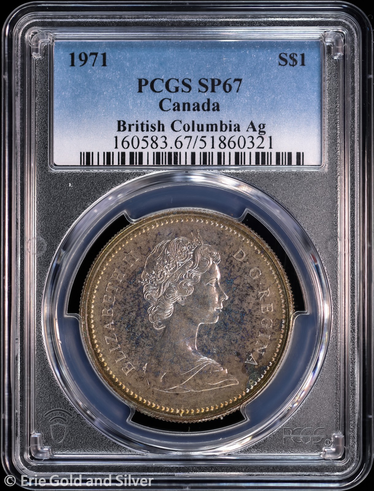 1971 Canada British Columbia Centennial Silver Dollar PCGS SP 67 | Rainbow Toned